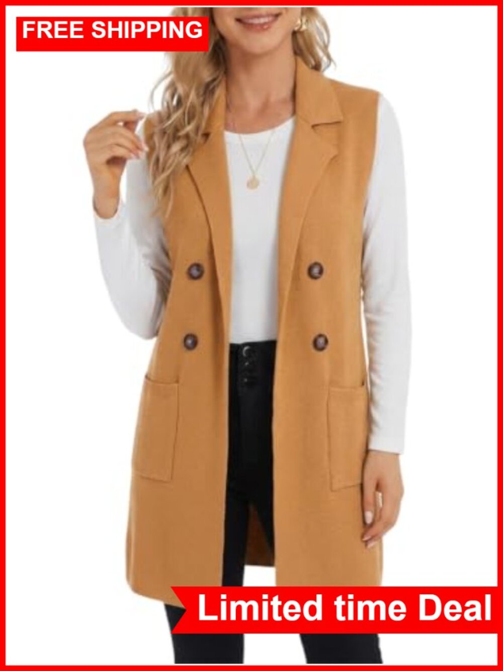 Womens Long Sweater Vest Notch Lapel Double Breasted Sleeveless Cardigan